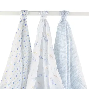 Hudson Baby Cotton Muslin Swaddle Blankets, Blue Feather