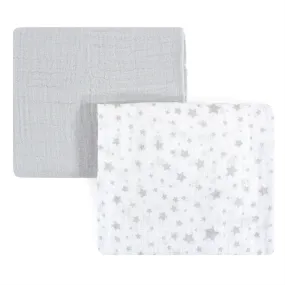 Hudson Baby Cotton Muslin Swaddle Blankets, Gray Stars