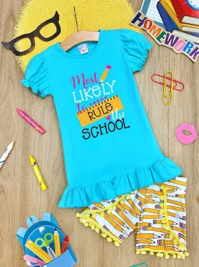 Most Likely to Rule the School Top And Pom Pom Short Set
