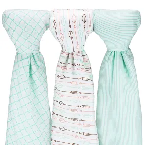 Muslin Baby Swaddle Blankets, Large (3 Pack) Mint Blue and White Collection