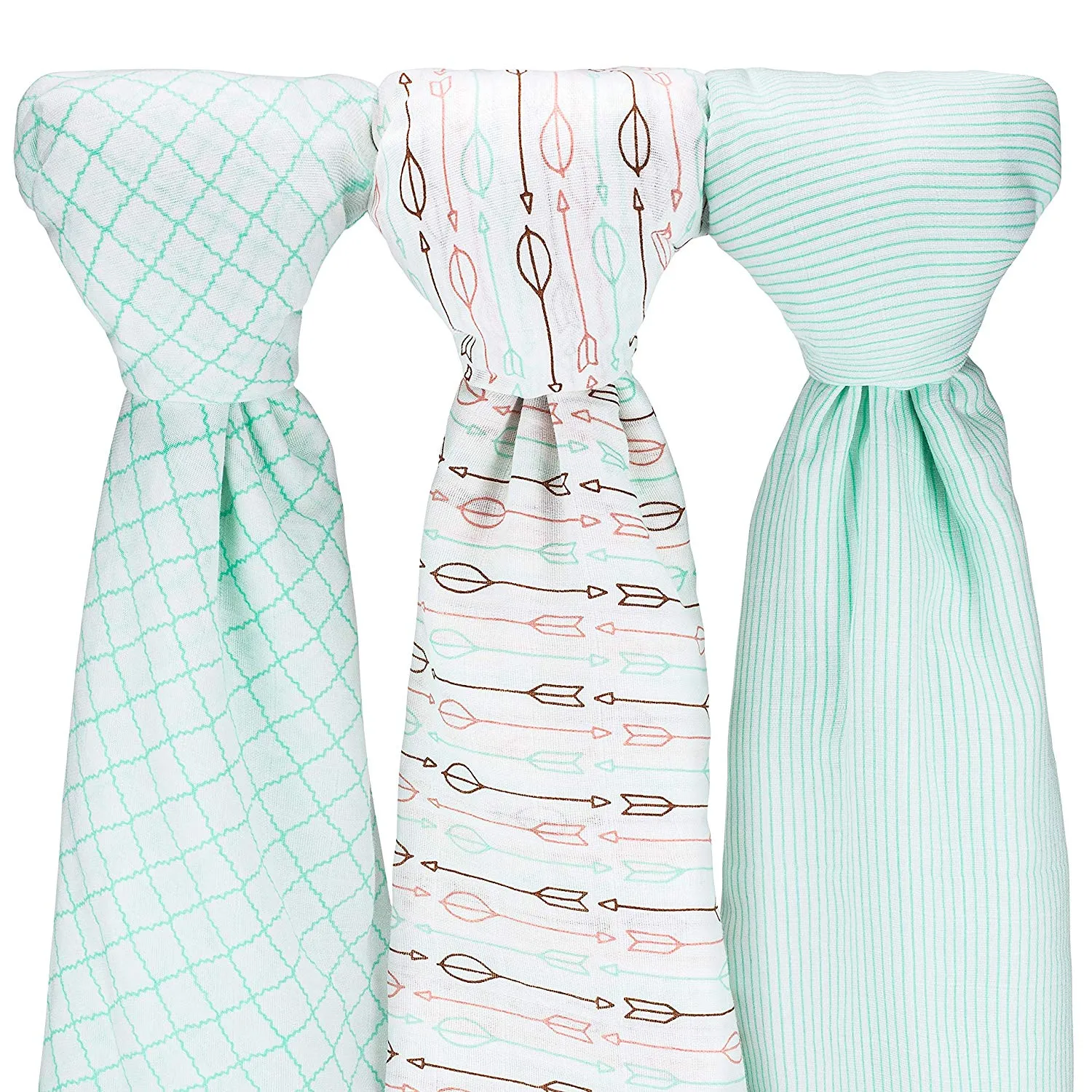 Muslin Baby Swaddle Blankets, Large (3 Pack) Mint Blue and White Collection