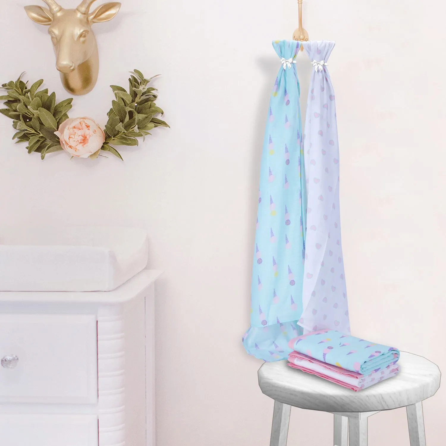Muslin Swaddle - 2Pc Set - Ice-Cream/Heart Print