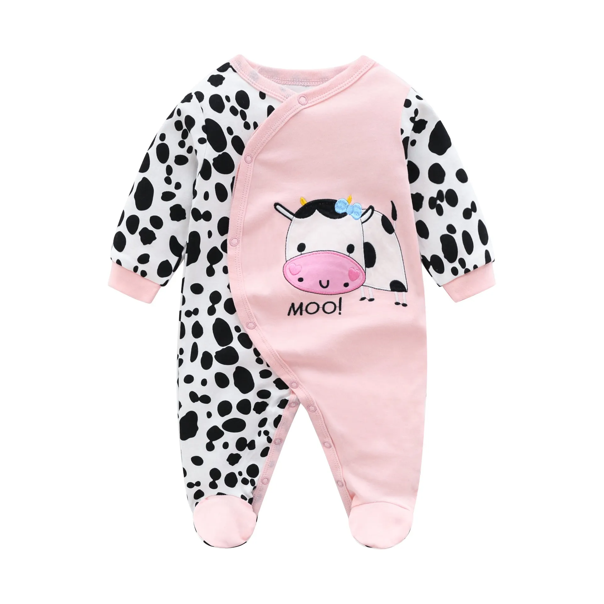 Newborn Jumpsuit Long-Sleeved Slanted Open Button Love Cows Baby Rompers