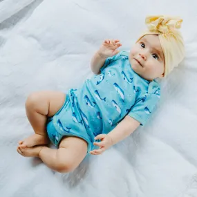 Organic Cotton Summer Short-Sleeve Onesie - Watercolour Whale Pods in Aquatic Blue