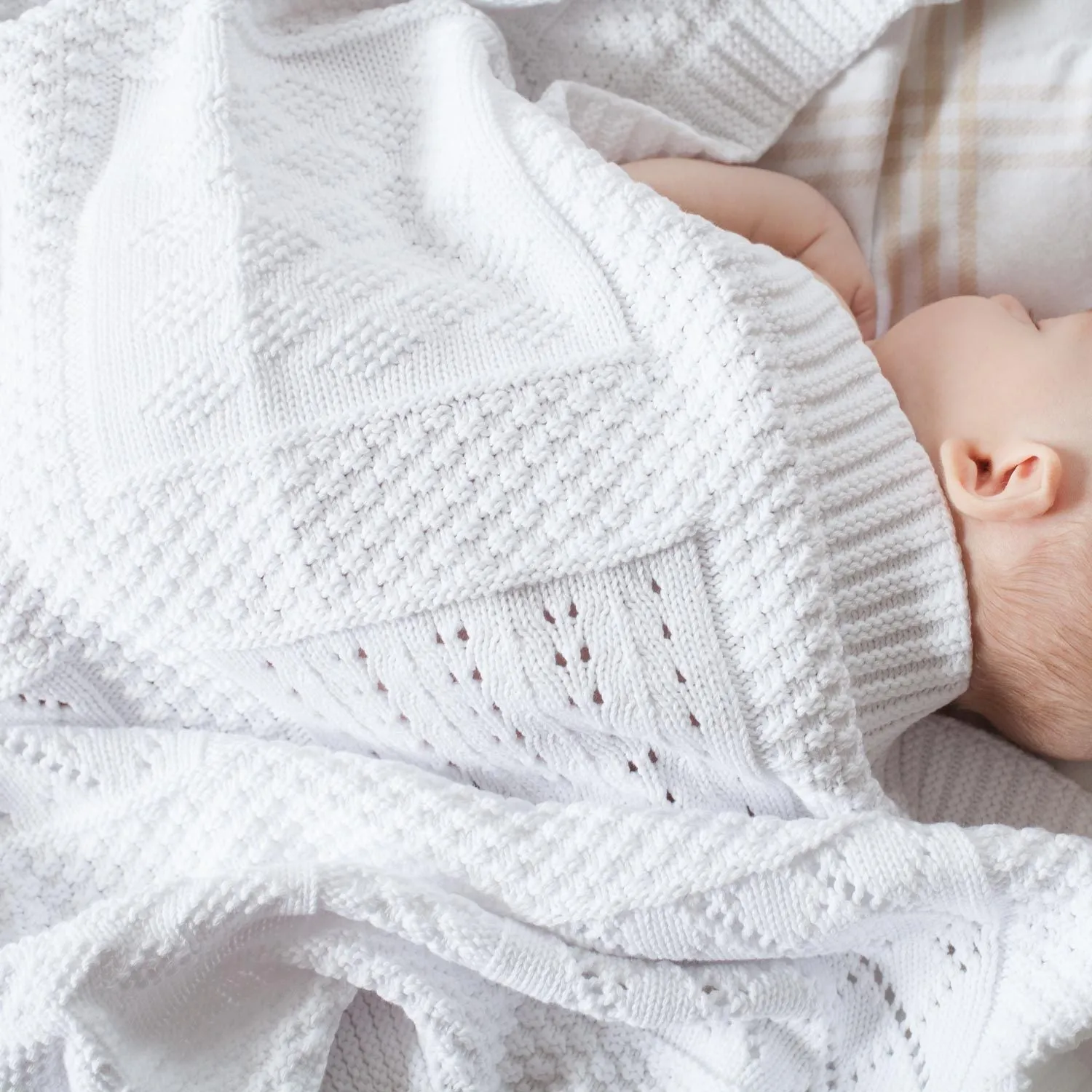 Patterned Knitted Baby Blanket White