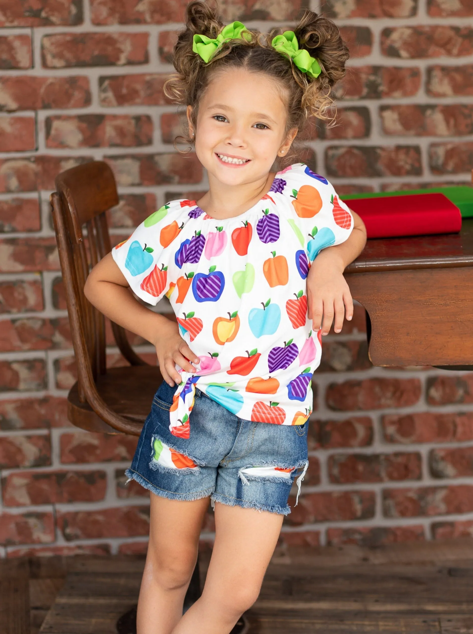 Rainbow Apples Patched Denim Short Set