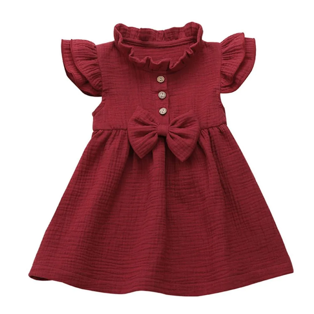 Summer 6M-5T Cotton And Linen Solid Color Stitching Girls Dress Wholesale Dress For Girls