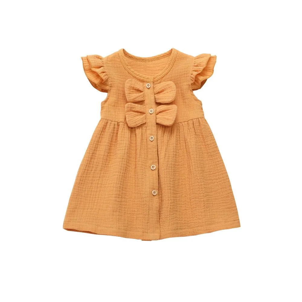 Summer 6M-5T Cotton And Linen Solid Color Stitching Girls Dress Wholesale Dress For Girls