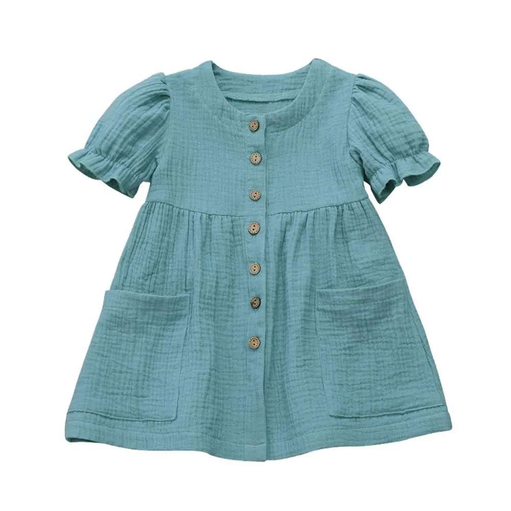 Summer 6M-5T Cotton And Linen Solid Color Stitching Girls Dress Wholesale Dress For Girls