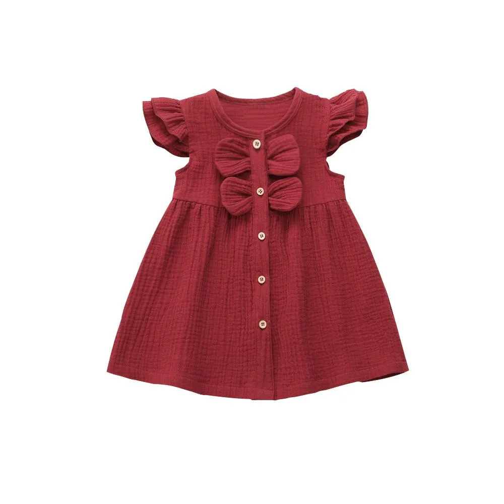 Summer 6M-5T Cotton And Linen Solid Color Stitching Girls Dress Wholesale Dress For Girls