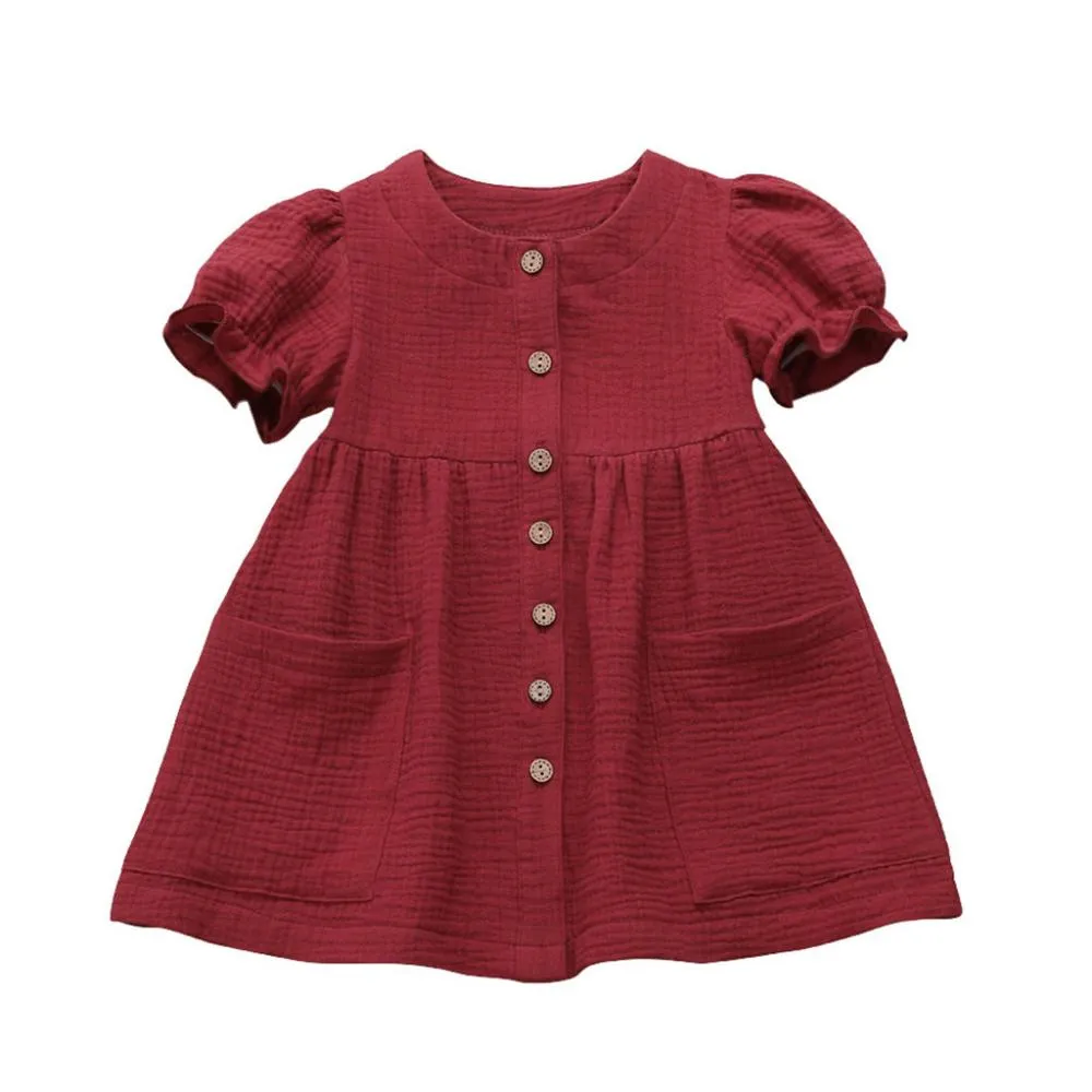 Summer 6M-5T Cotton And Linen Solid Color Stitching Girls Dress Wholesale Dress For Girls