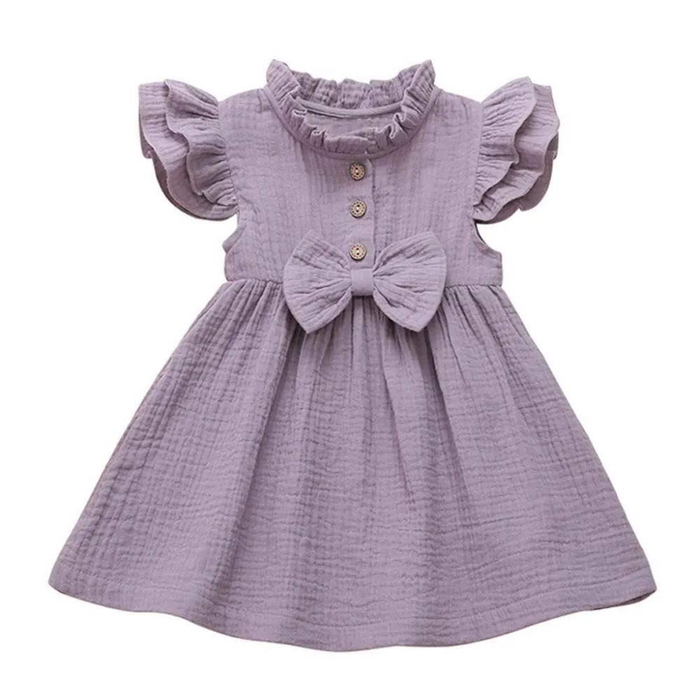 Summer 6M-5T Cotton And Linen Solid Color Stitching Girls Dress Wholesale Dress For Girls