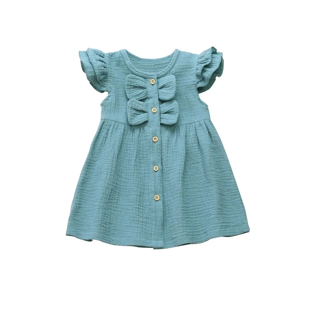 Summer 6M-5T Cotton And Linen Solid Color Stitching Girls Dress Wholesale Dress For Girls