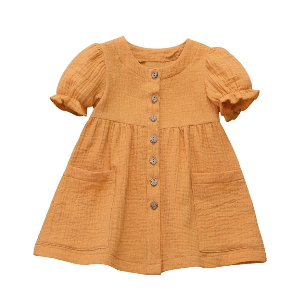 Summer 6M-5T Cotton And Linen Solid Color Stitching Girls Dress Wholesale Dress For Girls