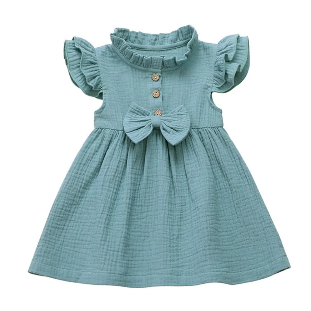 Summer 6M-5T Cotton And Linen Solid Color Stitching Girls Dress Wholesale Dress For Girls
