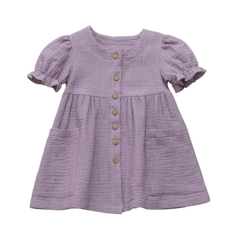 Summer 6M-5T Cotton And Linen Solid Color Stitching Girls Dress Wholesale Dress For Girls