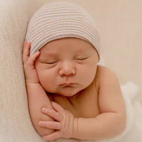 Tan and White Striped Newborn Baby Hospital Nursery Beanie Hat, Infant Hat Newborn Hat