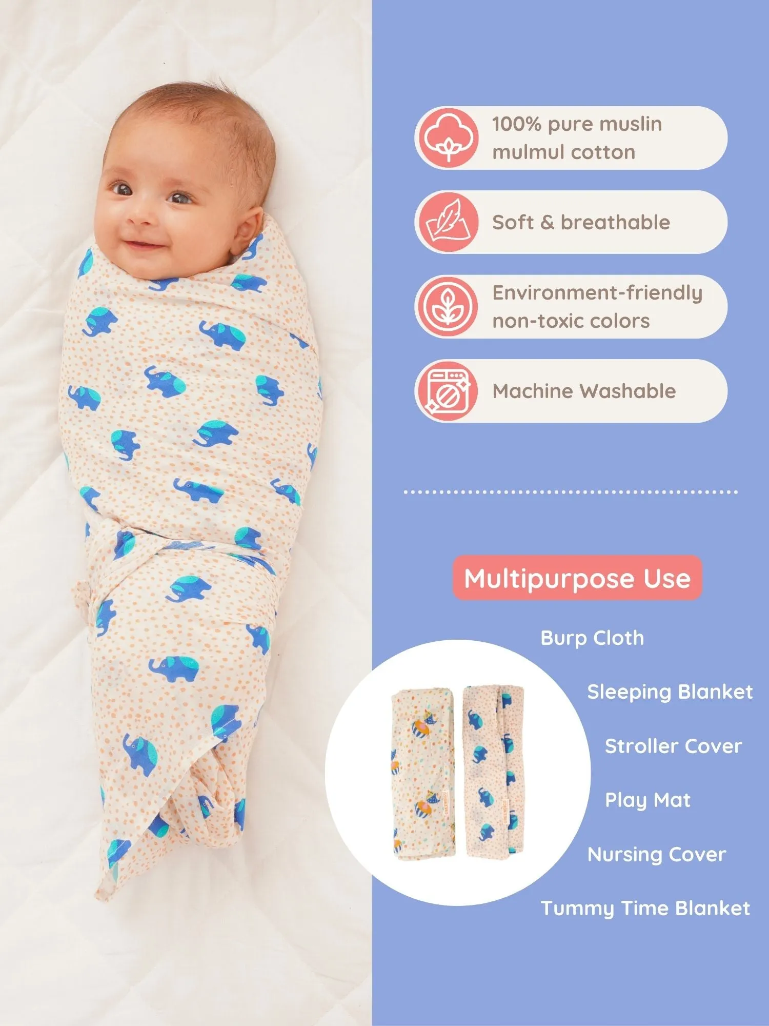 Wildlife Wonders Cotton Muslin Swaddle Wrap for New Born (Pack of 2)